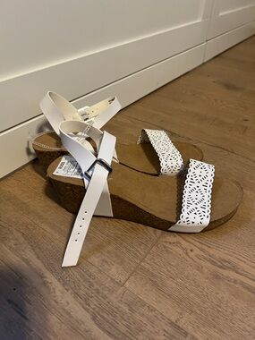 Annie White Laser-Cut Cork Wedge Sandals